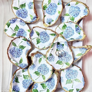 Blue Hydrangeas Oyster Ring Holders / Seashells  Trinket Dish /Shell Jewelry Holder/ Decoupage Ring Dish /Shell Jewelry Tray/ Wedding Gift