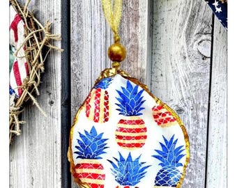 Plato para anillos con forma de piña y concha de ostra patriótica: decoración de estilo costero americano, soporte para bodas