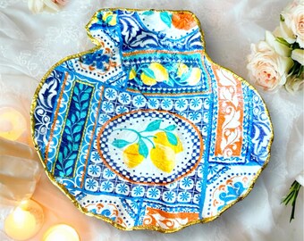 Italian Lemon Shell Ring Dish, Blue Tile Citrus Trinket Holder, Amalfi Coast Decor