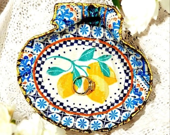Amalfi Coast Shell Trinket Dish, Lemons and Blue Tiles, Hand-Painted