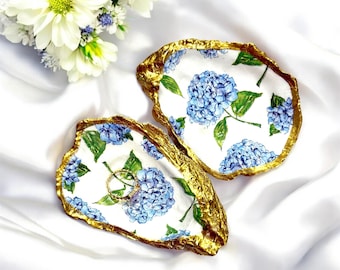 Blaue Hortensie Blüte Austernschale, Küstendekor Strandhaus, Einweihungsgeschenk, Frühling Hortensie Blüten, Brautparty Geschenke, Geschenkbox