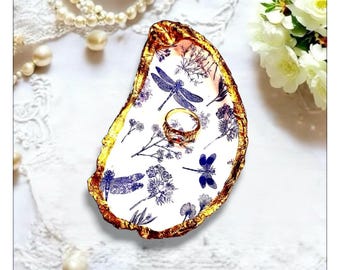 Dragonfly Oyster Ring Dish, Gold Gilded Edge, Coastal Bridesmaid Favor