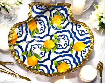 Amalfiküste Muschel Schmuckstück, Chinoiserie Zitronen, Küstendekor