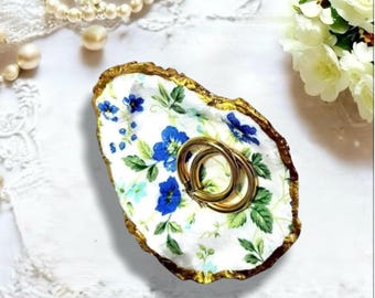 Blaue zarte Blumen Oyster Shell Ring Gerichte, Verlobungsring-Halter, Brautjungfern, Vorschlag Geschenke