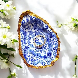Blue & White Shell Ring Dish: Gold Leaf Coastal Decor