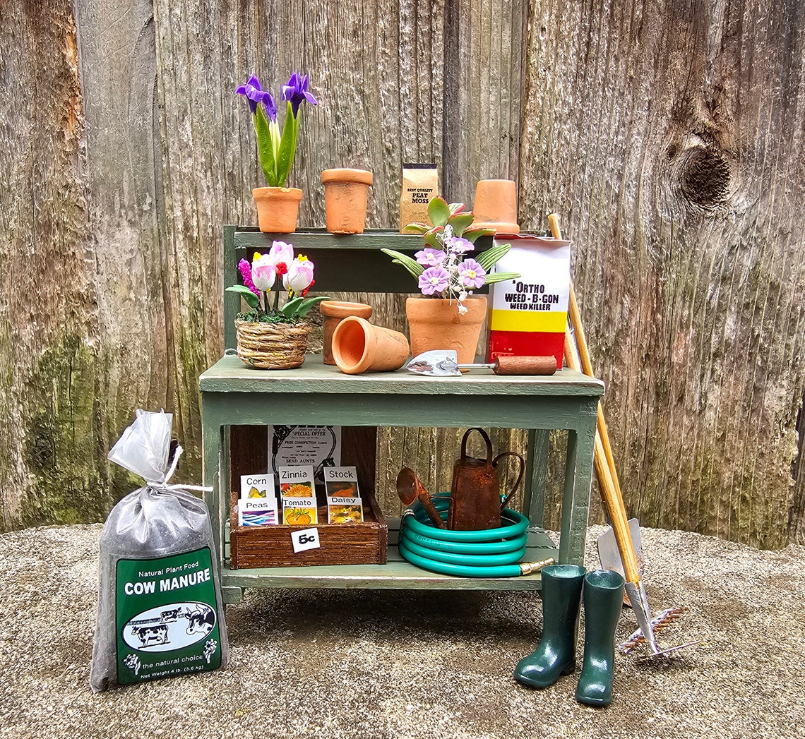 Miniature Potting Bench With Accessories, Miniature Garden Bench ...