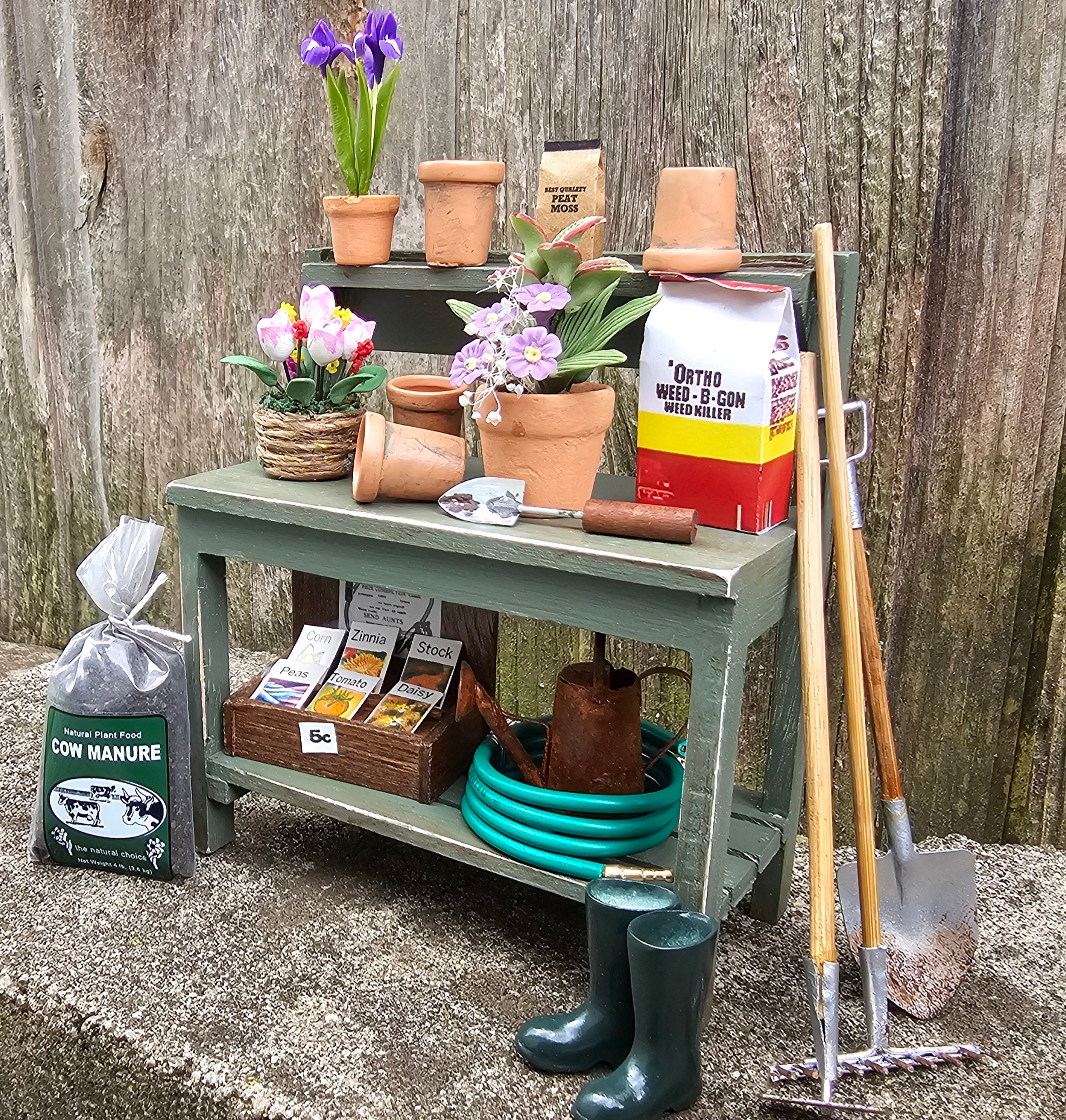 Miniature Potting Bench With Accessories, Miniature Garden Bench ...