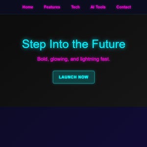 Pode incluir: Uma página inicial de site com fundo azul escuro e uma faixa preta com o texto "Step Into the Future" em azul e rosa neon. O texto "Bold, glowing, and lightning fast." está abaixo do texto principal em rosa. Um botão azul com o texto "LAUNCH NOW" está no centro da faixa.