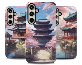 Japanse tempel met roze Sakura-telefoonhoesje beschikbaar voor iPhone, Samsung en Google Pixel