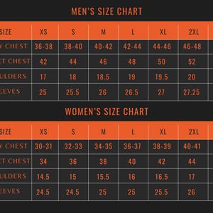 May include: Size chart for men's and women's clothing, with measurements in inches. The chart includes body chest, jacket chest, shoulders, and sleeves, ranging from XS to 3XL. The text is in white on a dark orange and black background.