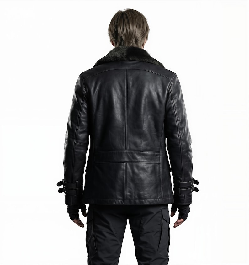 May include: Black leather jacket with a fur collar, seen from the back. The jacket has a tailored fit, with visible stitching and buckle details on the sleeves. The person is wearing black gloves and black cargo pants.