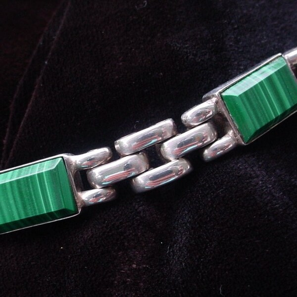 Sterling Silver Heavy Solid Link Bracelet Malachite Mexico 1970s Vintage