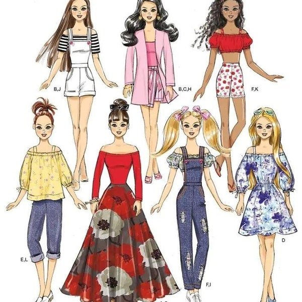 Puppenkleidung Schnittmuster im PDF für 30 cm Modepuppen Barbie Lliicity 8865 Vintage Schnittmuster Kleid, Hose, Shirt, Top, Latzhose etc