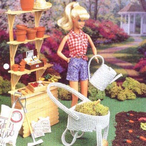 Doll gardening set in Plastic canvas pattern in PDF English Vintage pattern Plastic canvas Doll