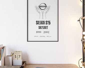 Poster con cornice in legno "Nissan Silvia S15 SR20DET"