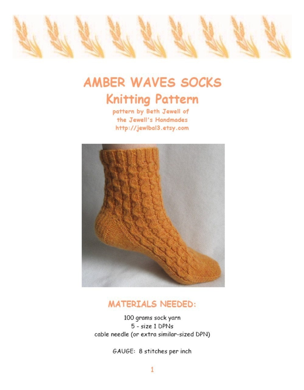 PDF Knitted Sock Pattern, AMBER WAVES Sock Pattern, Cable Sock Design ...