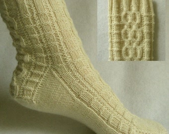 PDF Sock Pattern, Ivory Palisades Sock Pattern, cable sock design with patterned heel