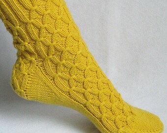 Knitting Sock Pattern, Spun Gold Honeycomb Sock, smocking sock design with patterned heel, PDF