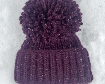 2024 Chunky Beanie Purple Sparkle Hat XL Giant PomPom Handmade Knit Yarn