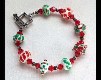 Lampwork Bracelet with Swarovski crystals and sterling silver - Christmas colors