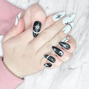 Coven | Gothic Witchy Celestial reusable press on nails | Fake False Nails | Glue On Nails | Square, Coffin, Almond, Stiletto | Black+White