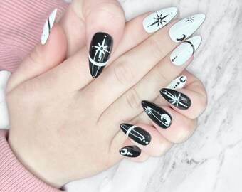Coven | Gothic Witchy Celestial reusable press on nails | Fake False Nails | Glue On Nails | Square, Coffin, Almond, Stiletto | Black+White