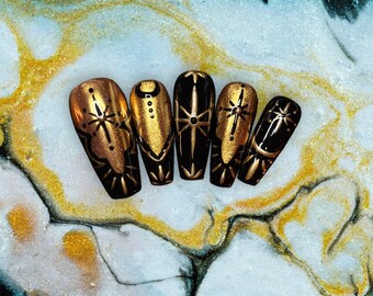 Black Hole Sun | Gothic Celestial Witchy Gold Chrome reusable press on nails | Fake Nails | Glue On Nails | Square, Coffin, Almond, Stiletto