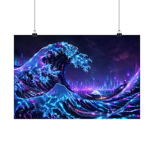 Cyberpunk Wave Poster, Neon Japanese Wall Art, Futuristic Ukiyo-e Print (18x12)