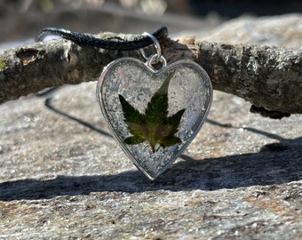 Resin Hemp Leaf Necklace: Silver Bezel, Crystal Accent