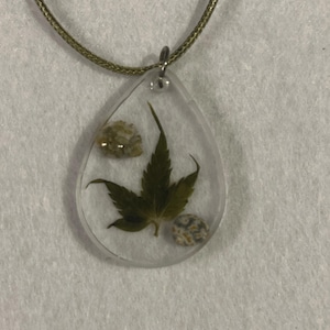 May include: Clear teardrop-shaped pendant necklace with a dried green leaf and two small, textured stones encased within. The pendant hangs from a thin, olive-green cord.