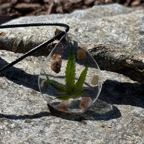 Real Marijuana Leaf Pendant with Crystals