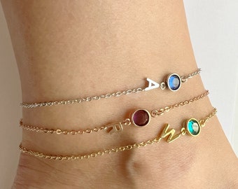 Personalized Rose Gold Silver Initial Name Birthstone Anklet • Best Friends Gift • Teenager Girl Gift • Custom Monogram Letter Anklet • Gift
