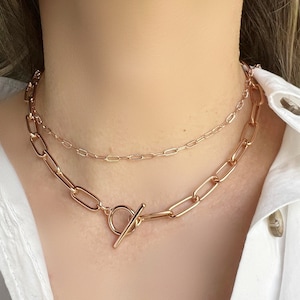 Rose Gold Paperclip Chain Layering Necklace • Rose Gold Rectangle Chain Necklace • Rose Gold Toggle Clasp Necklace • Rose Gold Choker