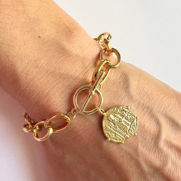 Gold Coin Bracelet • Bold Chain Bracelet • Toggle Clasp Bracelet • Greek Coin Bracelet • Thick Chain Bracelet • Antique Coin Bracelet Gift