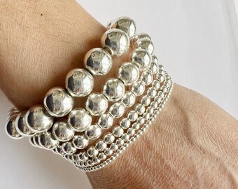 Silver Beaded Bracelets • Silver Bead Stretch Bracelet • Gold Beaded Layering Bracelet • Stacking Bracelet • Bracelet Stack 2mm 3mm 4mm 5mm