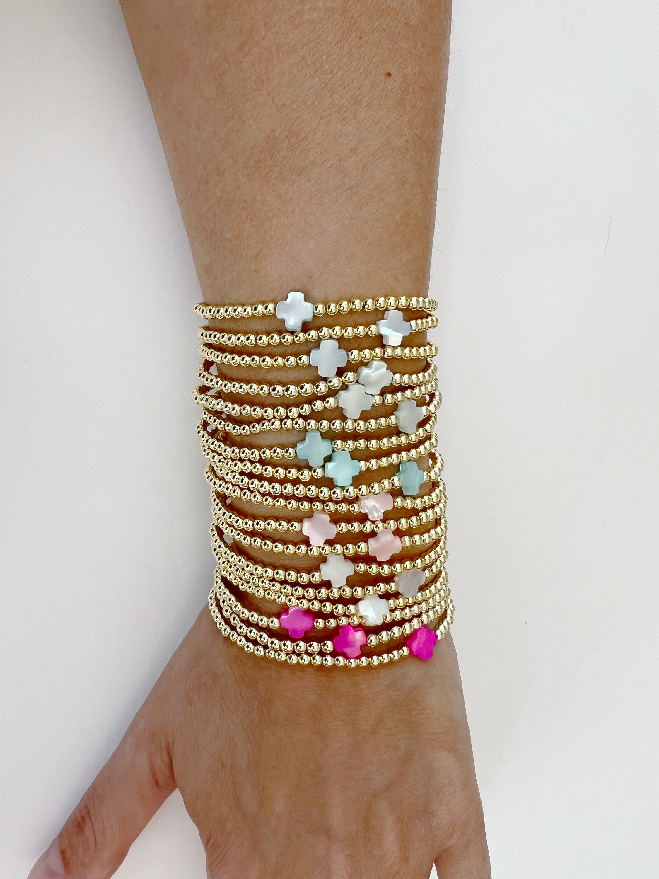 Gold Beaded Cross Bracelet  Mother of Pearl Cross Bracelet  Pearl ...
