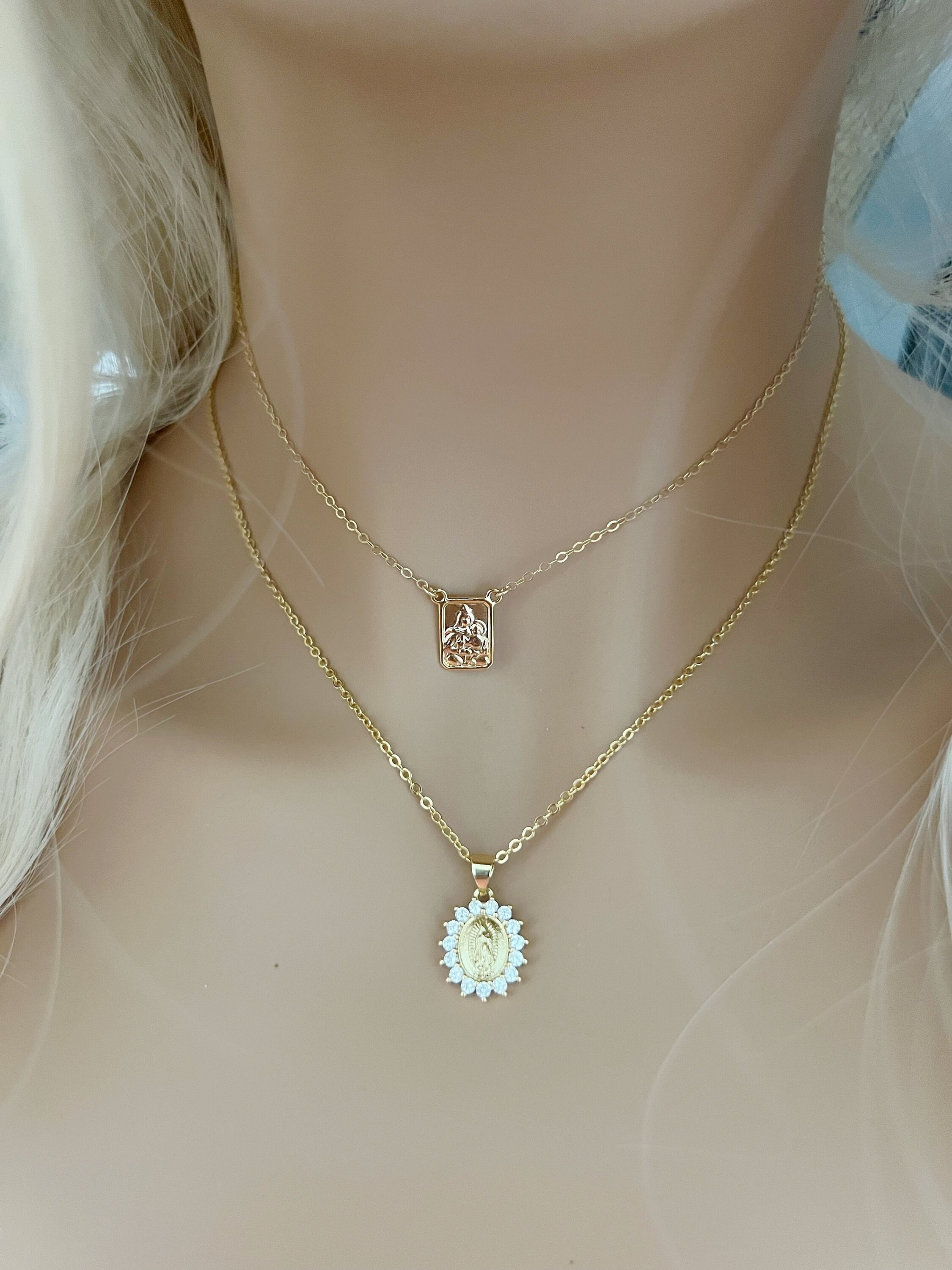 Girocollo Con Pendenti Vergine Maria E Croce 14k Giallo Oro Collana 16 Regolabile
