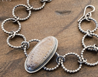 Petrified Wood Link Bracelet. Silver Link Bracelet. Oval Gemstone Bracelet. Silver Bracelet. Petrified Wood Jewelry.