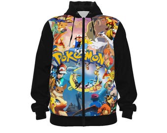 Moletom com capuz unissex com estampa total de Pokémon V1 e fechamento em zíper | Algodão 310GSM