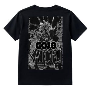 May include: A black short-sleeve t-shirt featuring a large rectangular graphic on the back. The print displays a stylized character illustration with the text GOJO SATORU, JJK, and additional text including JUJUTSU KAISEN, GOJO VS SUKUNA, and UPROCK SCHOOL.