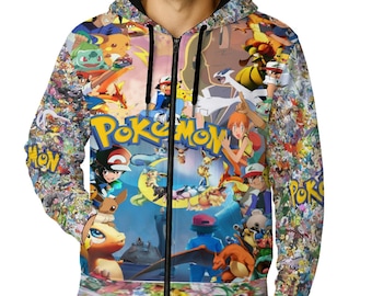 Moletom com capuz e zíper, estampa Pokémon por toda a peça, em poliéster, com bolso.