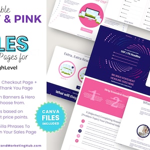 Pode incluir: Um modelo de página de vendas personalizável com um padrão de pontos azul marinho e rosa. O modelo inclui uma página de vendas, uma página de checkout, uma página de próxima etapa ou de agradecimento, várias faixas flash e seções de herói, e três páginas de vendas com base nos pontos de preço da oferta/produto. O modelo também inclui frases genéricas para parar de usar na sua página de vendas. Os arquivos do Canva estão incluídos.