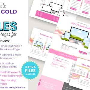 Puede incluir: Una colección de plantillas de páginas de ventas y embudo rosas y doradas para HighLevel. El diseño incluye maquetas de pantallas de ordenador, tabletas y teléfonos. El texto incluye "Sales & Funnel Pages", "Canva Files Included" y ofertas de bonificación.