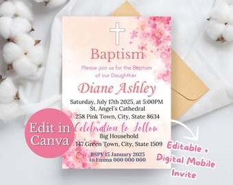 Pink Flowers Baptism Invite|Girls Baptism Invite|Baptism Invite|Pink Theme Baptism Invite|Baptism Invite+Digital Mobile Invite FREE