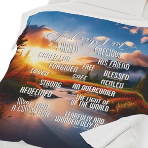 God Says I Am Scripture Throw, Bible Verse Throw, Christian Scripture Blanket, Christian Decor, Mountain Stream Throw, Gift for Couples