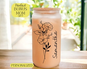 Taza de café helado personalizada para regalo de MAMÁ ADICIONAL Vaso de vidrio esmerilado para mamá adicional Vaso de vidrio personalizado Regalo para mamá adicional Vaso esmerilado