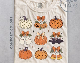 Cute Halloween Shirt, Girly Pumpkin Ghost Shirt, Retro Halloween Candy Corn TShirt, Coquette Bow Tee, Preppy Spooky Season Shirt