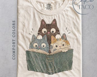 Cats Reading Books Shirt, Cute Kitten Tee, 90s Retro Cat Tshirt for Cat Mom, Funny Bookish TShirt, Vintage Cat Mama Shirt, Funny Cat TShirt