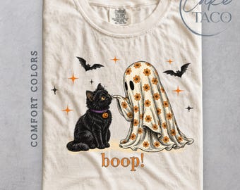 Boop Black Cat Ghost Halloween Shirt, Cute Ghost TShirt, Bat Ghost Black Cat Tee, Funny Halloween Cat Shirt, y2k 90s Retro Halloween Tee