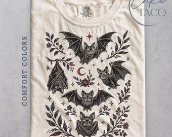 Cute Bat Shirt, Gothic Botanical TShirt, Retro Bat Graphic Tee, Halloween Cottagecore Shirt, Spooky Nature Gift for Bat Lover Comfort Colors